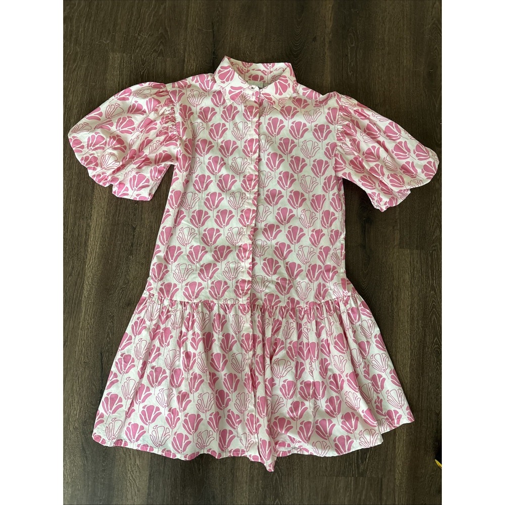 WKND Frock It Pink Floral Maldives Cotton Puff Sleeve Babydoll Mini Shirt Dress